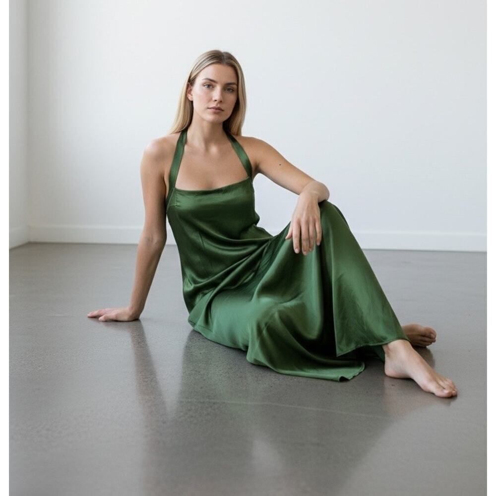 NWT Reformation Alli Green 100% Silk Halter Maxi Dress Size 12 Elegant Slip Gown